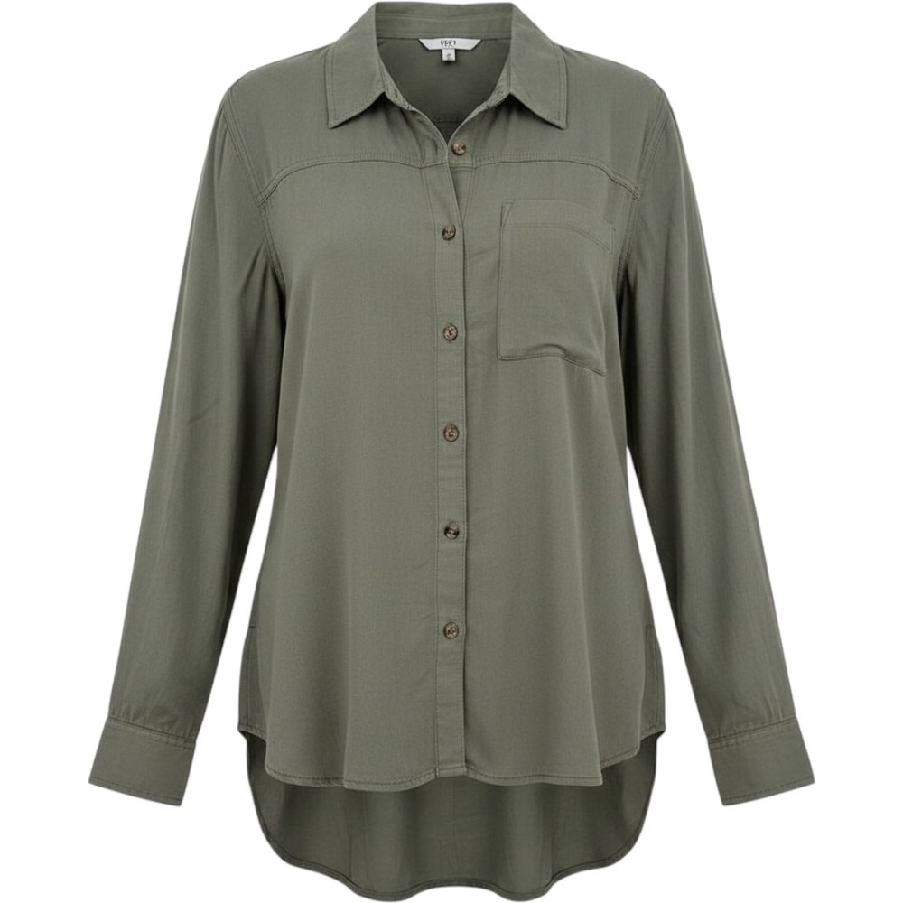 BKE Olive Green Cotton Long Sleeve Button Up Shirt High Low Hem Cozy Women Large